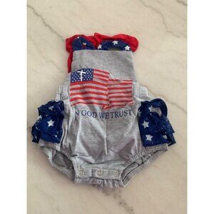 Patriotic Baby Romper With Ruffled Star Spangled Bottoms & Red Straps